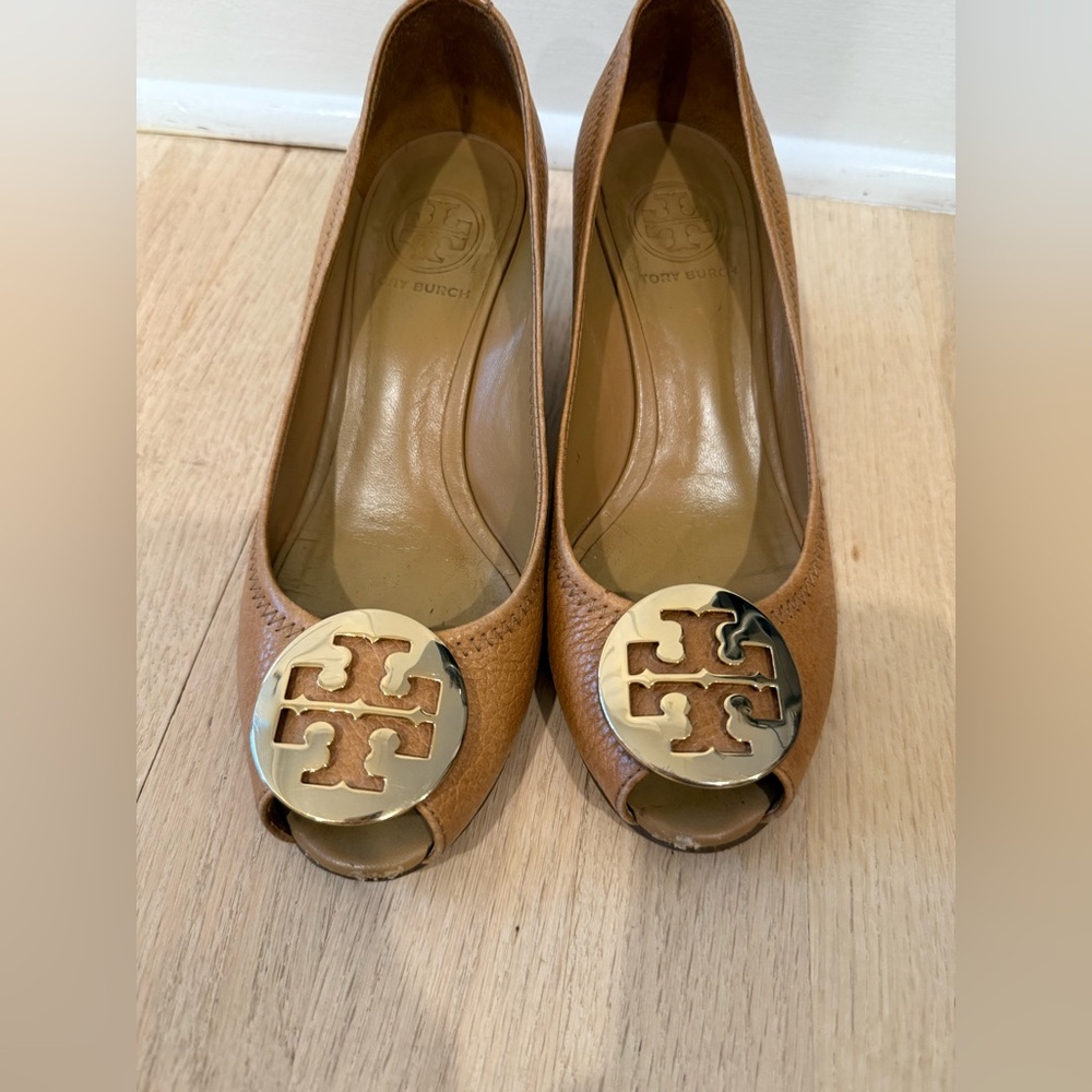 Tory Burch Brown Peep-Toe Heels with Gold Logo